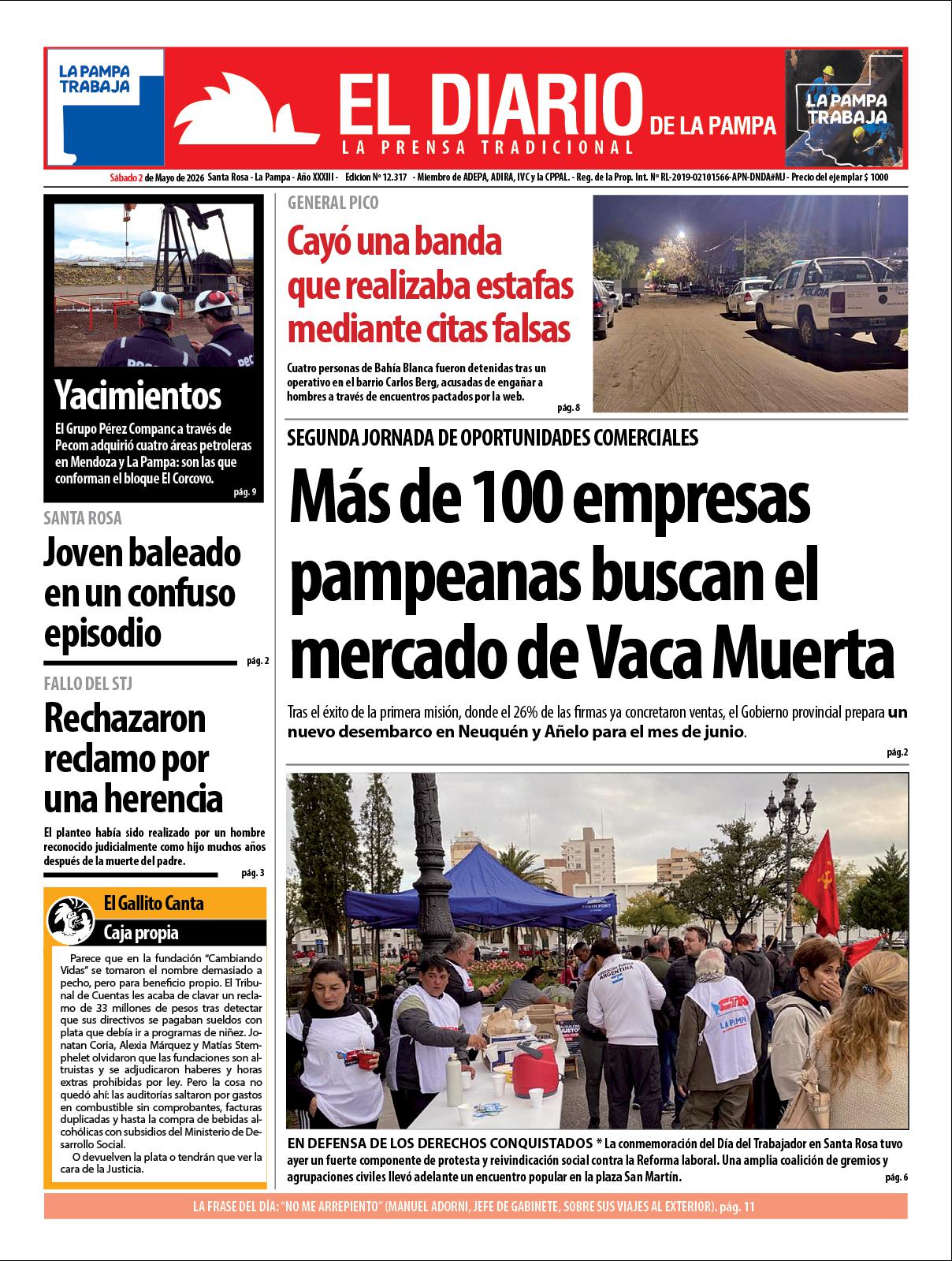 Tapa de El Diario en papel  saacutebado 02 de mayo de 2026